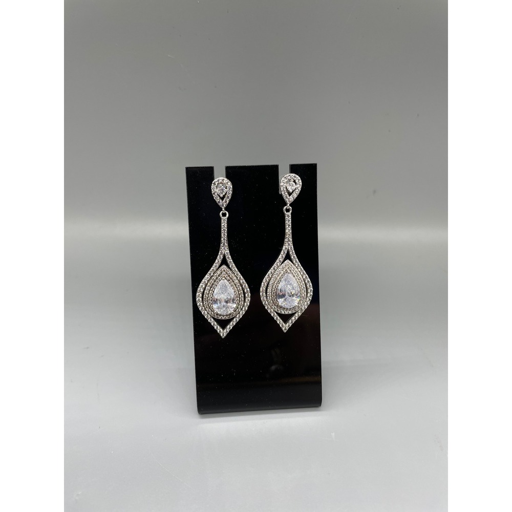 Silver Tone Clear Crystal Teardrop Dangle Earrings Bridal Formal Statement